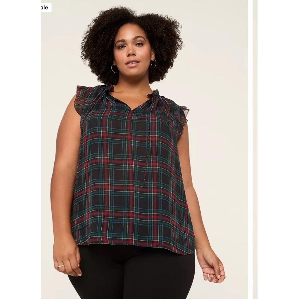 LANE BRYANT Dark Plaid Sleeveless Split-Neck Popover Top Blouse Sz 22/24 EUC‎